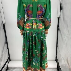 Vibrant Green Maxi Dress with Parrot Design